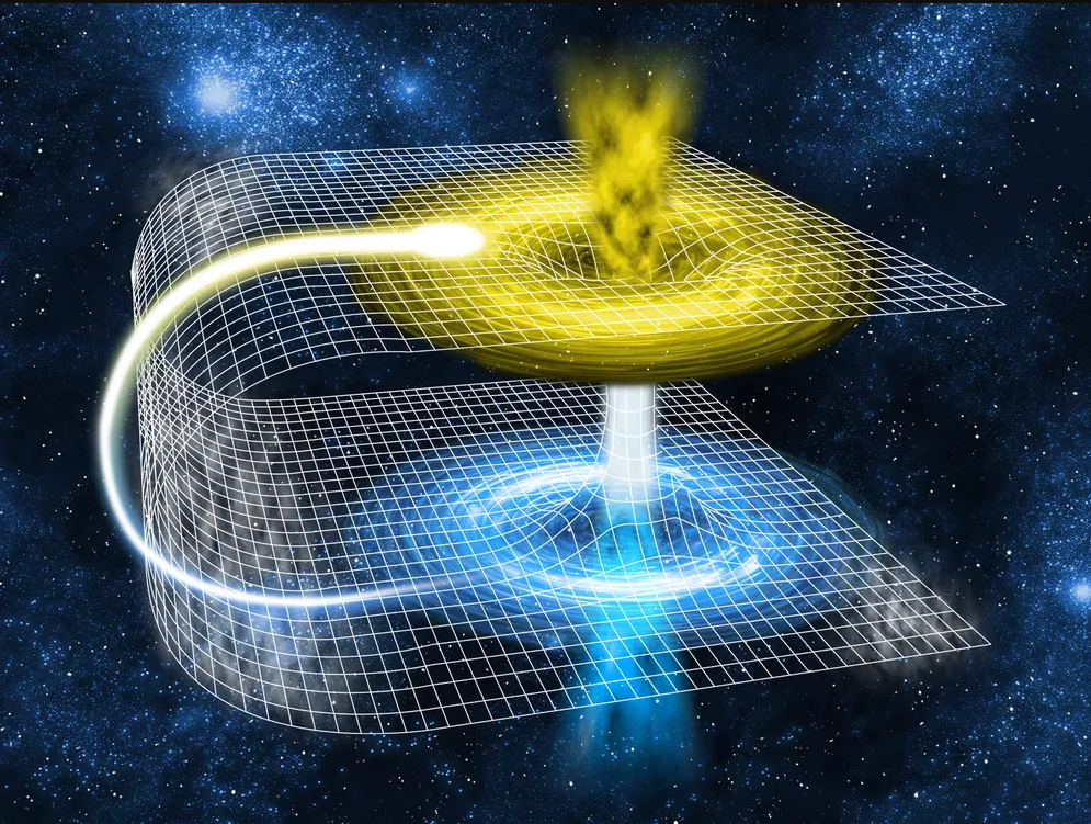 Photo showing a concept of what a wormhole may look like: a folded sheet of spacetime with a tunnel shortcutting between them.