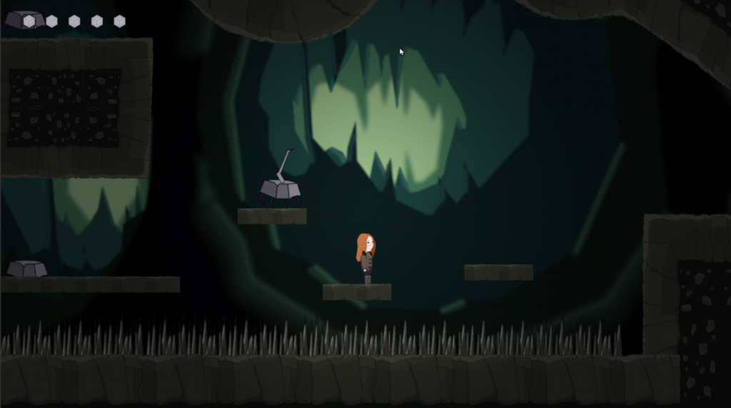 screenshot of Scribes' Descent, the game: Mallory above a pit of spikes in the Entrance