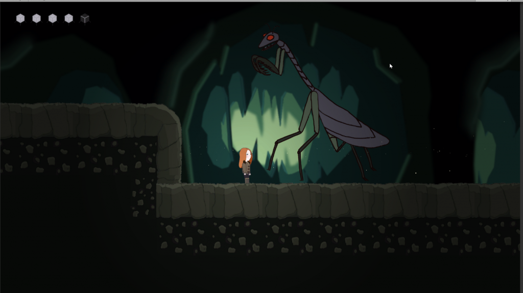 screenshot of Scribes' Descent, the game: Mallory faces the Ragna (first boss)