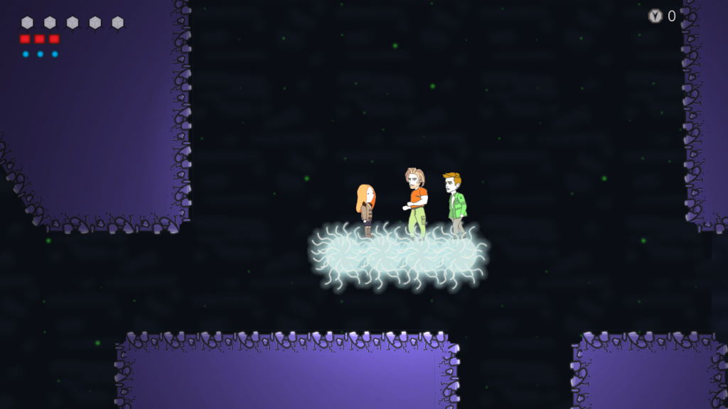 screenshot of Scribes' Descent, the game: Scribes on a myophos raft in the Myophos Grotto